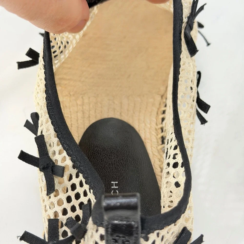 Tory Burch Mesh Bow Espadrille Flats Cream Black Womens 9M Slip On Shoes